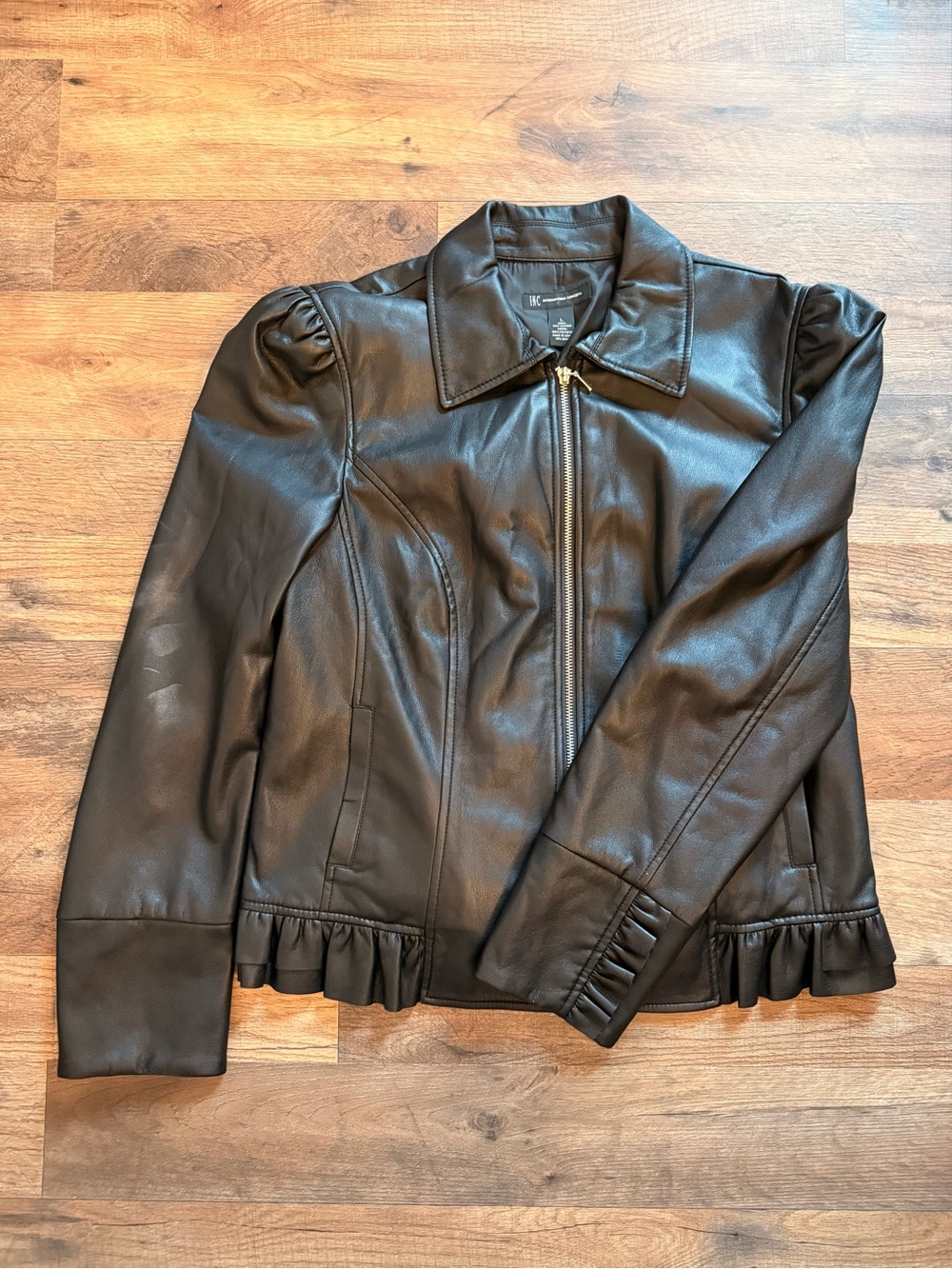 INC International Concepts Black Faux Leather Ruffle-Hem Zip Jacket
